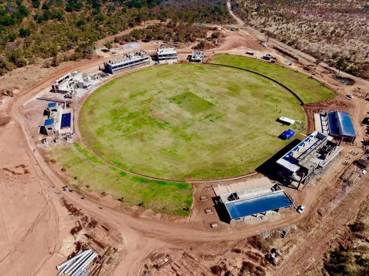 Aerial view of the new Mosi-oa-Tunya International Cricket Stadium under construction in Victoria Falls